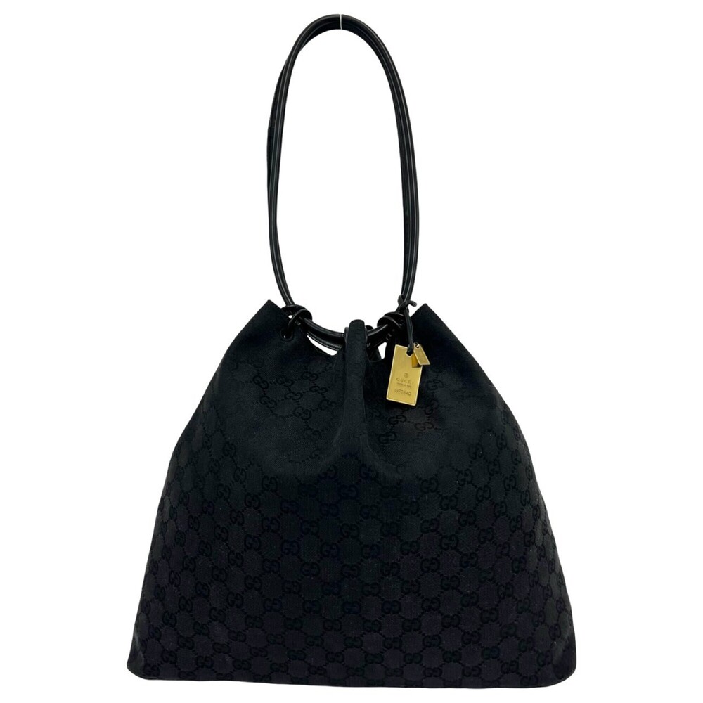 GUCCI GG Canvas Pattern Leather Drawstring Semi Shoulder Bag Handbag Tote Bla...
